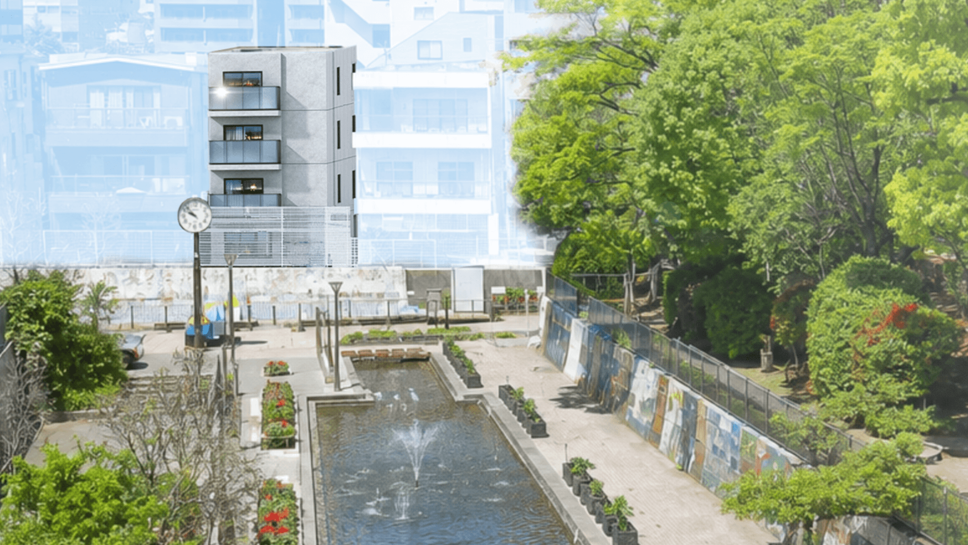 公園を望むモノトーンのファサード CG合成パース